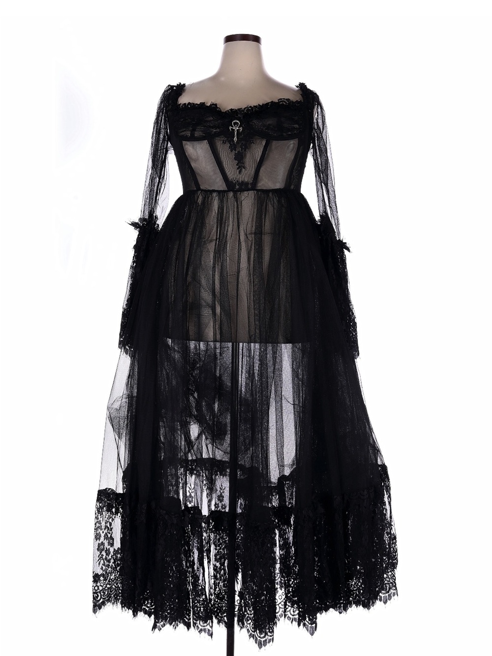 Dolls Kill Dance with Death Maxi Dress by Widow - Sheer Mesh Dress with Boned Bo